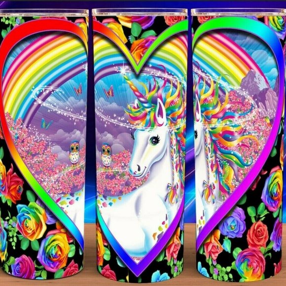 Lisa Frank 90s Rainbow Heart Majesty Unicorn Rainbow Roses Cup Mug Tumbler 20oz - Picture 1 of 3